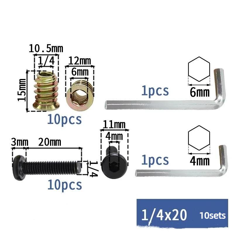 10/28Pcs Threaded Inserts For Wood Furniture Screws - 1/4-20 X25 Inserts And Bolts-Hexagon Drive - 1/4-20X25 Threaded Nuts