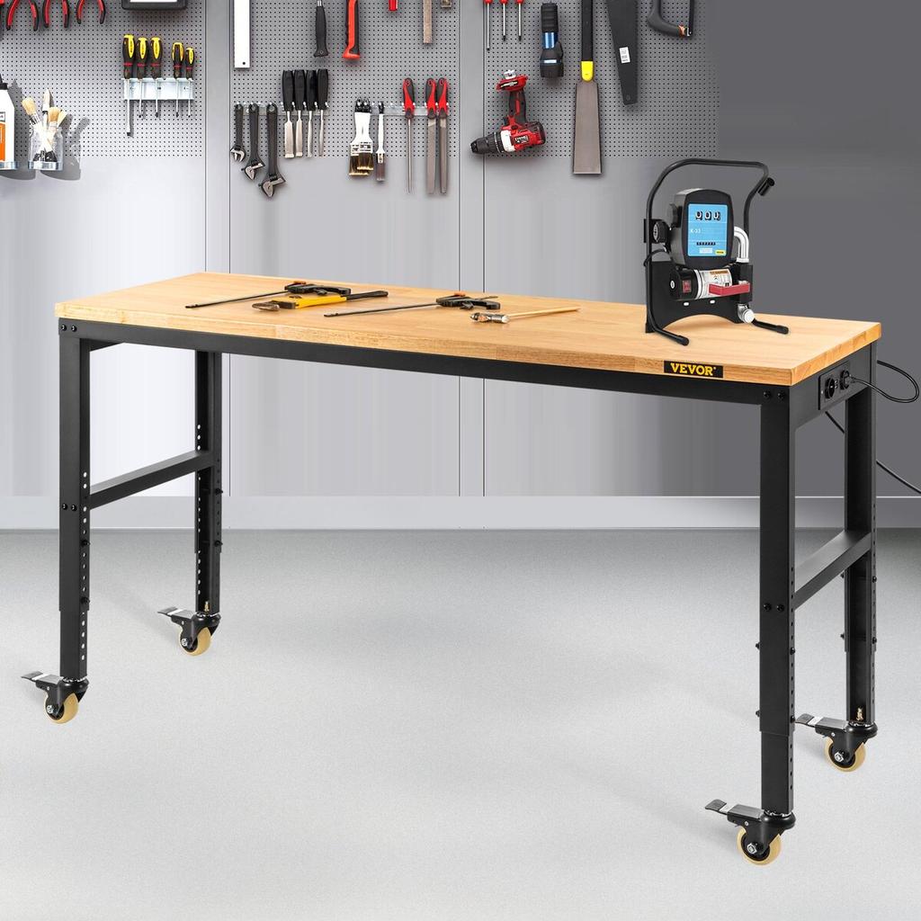 Werkbank höhenverstellbar, 122cm B X 51cm T X 104cm H Garagentisch mit 79 – 104 cm Höhen & 720KG Tragfähigkeit, mit Steckdosen & Hartholzplatte &