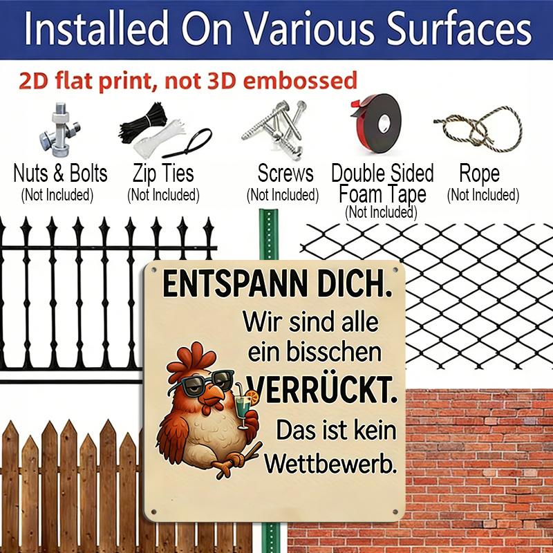 2D Flat, 1pc Vintage Chicken Metal Aluminum Sign with Humorous German Quote - Rustic Wall Art for Farmhouse, Cafe, Porch Decor - Funny Gift for