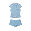 European and American style, wholesale women's clothing, fashionable striped double-breasted top + mini striped shorts
