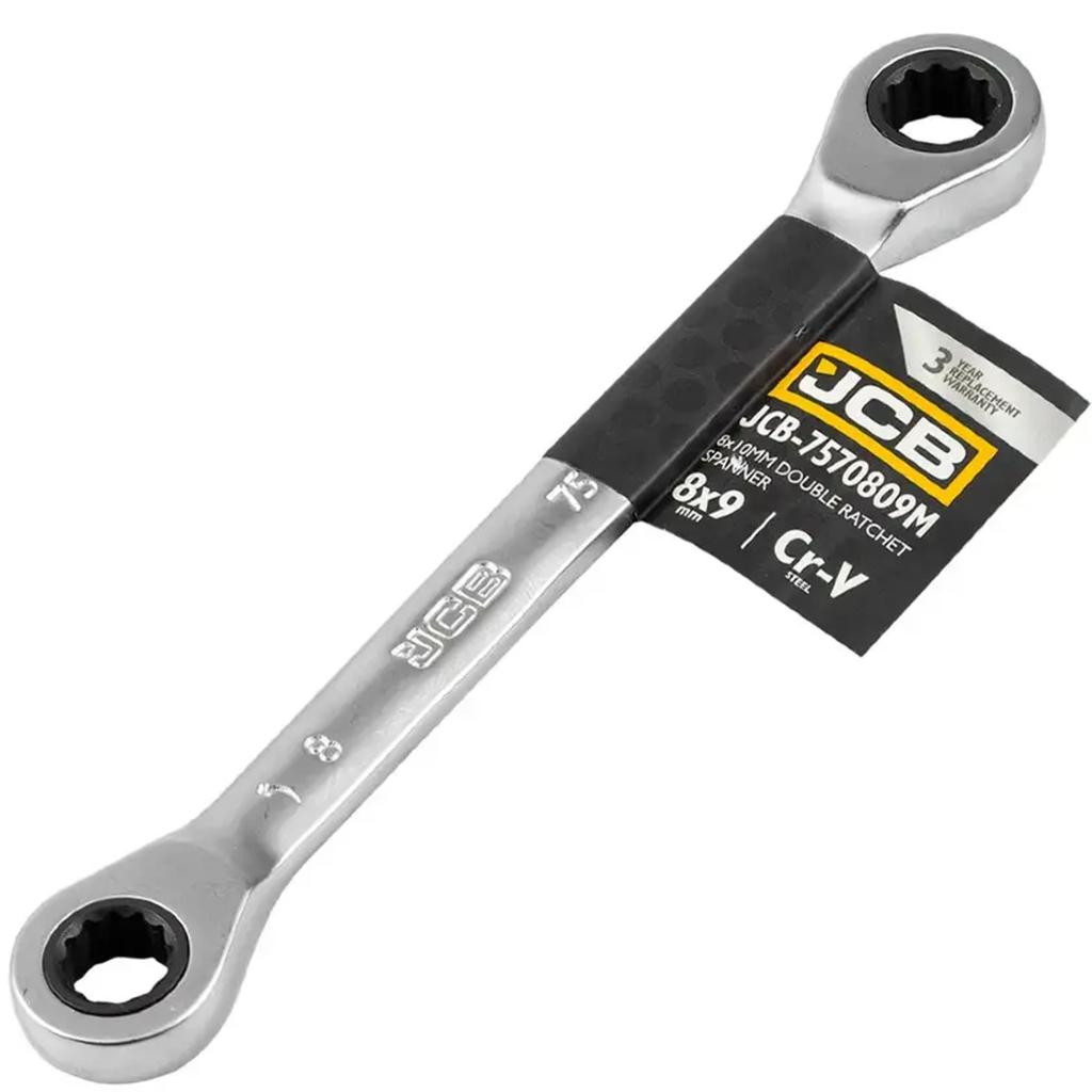 JCB Double-ended ratchet ring spanner 8x9mm Cr-V 12-point