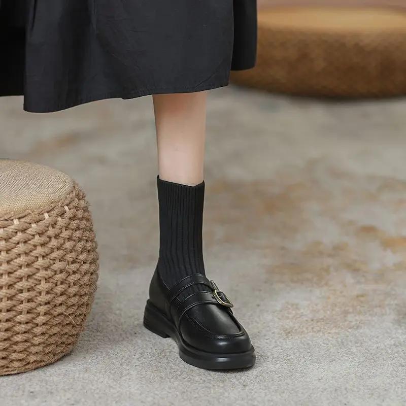 Fashion Elegant with Medium Heels Short Shoes for Woman Sock Booties Round Toe Women's Ankle Boots Brown Elastic Footwear Spring Autumn