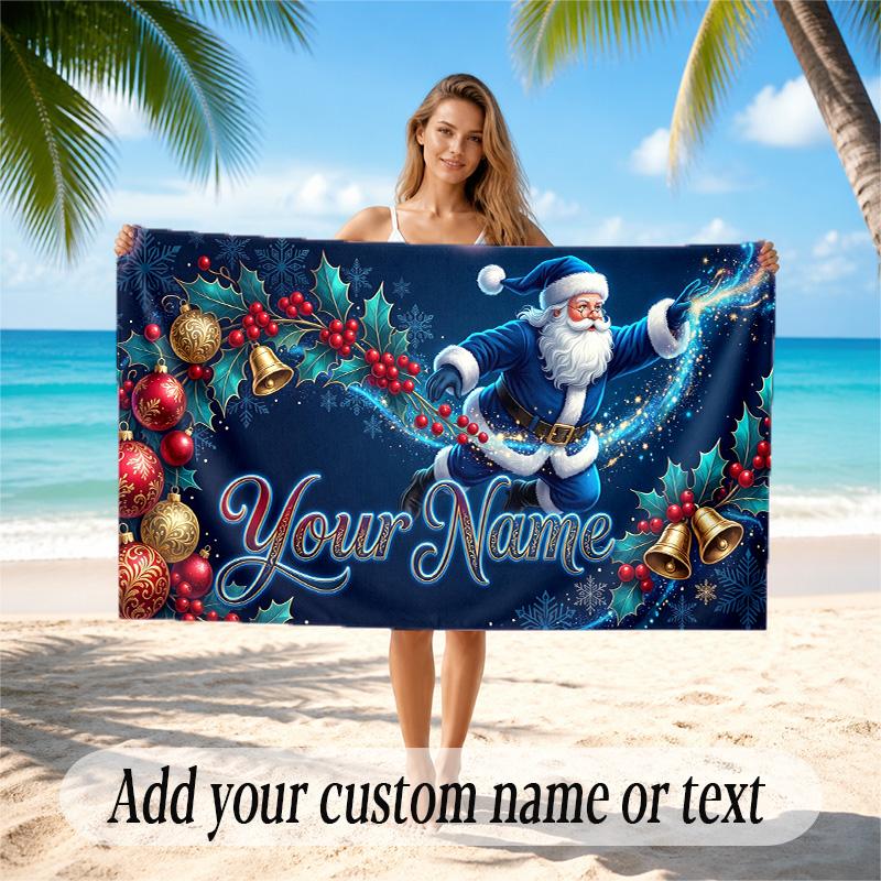 Christmas Theme Quick Dry Beach Towel Custom Name Text Print Large Sand Resistant Towel Beach Vacation