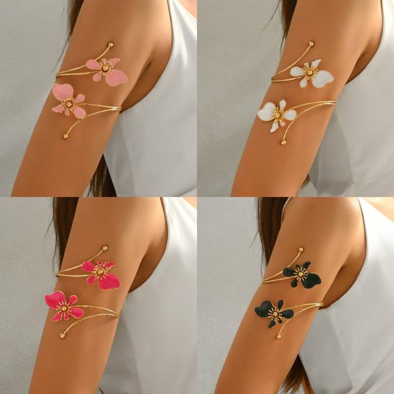 Openwork Upper Arm Cuff with Two Irregular Flowers, Intersecting Gold-Tone Bands, Rounded Ball Ends, and Clasp-Free Wear