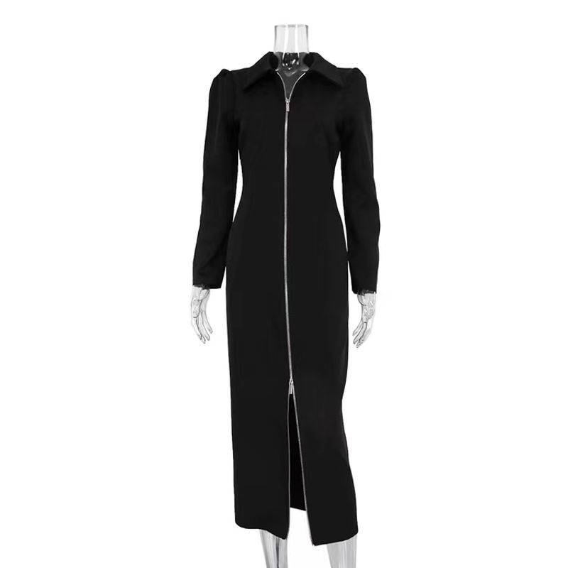 

Fashion Style New Polo Collar Sheath Dress Fashion Zipper Dress Zipper Long Sleeve Dress Black M