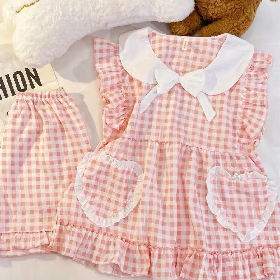 Cute Doll Collar Lace Pink Plaid Pajamas Women's Short-sleeved Shorts Ins Style Suit Soft and Cute Can Be Worn Outside Loungewear