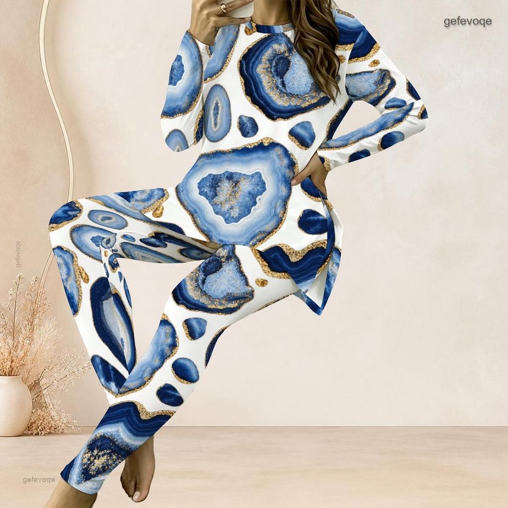 Women Plus Size White Red Black Printed Two Piece Set Round Neck Long Sleeve Longline Top Fitted Pants