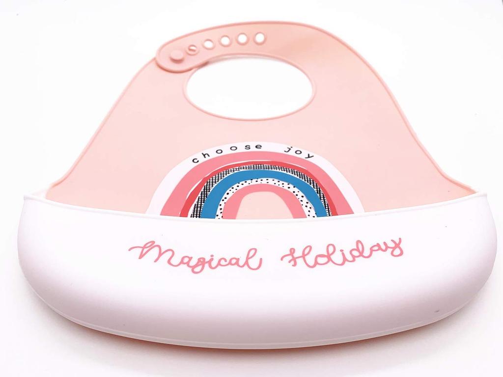 Silicone Bib Baby Mealtime with Catches and Rabbit [KAGAWA] Apron, 3D, Sleeveless, Washable, Pockets, Spills! (Rainbow Design)