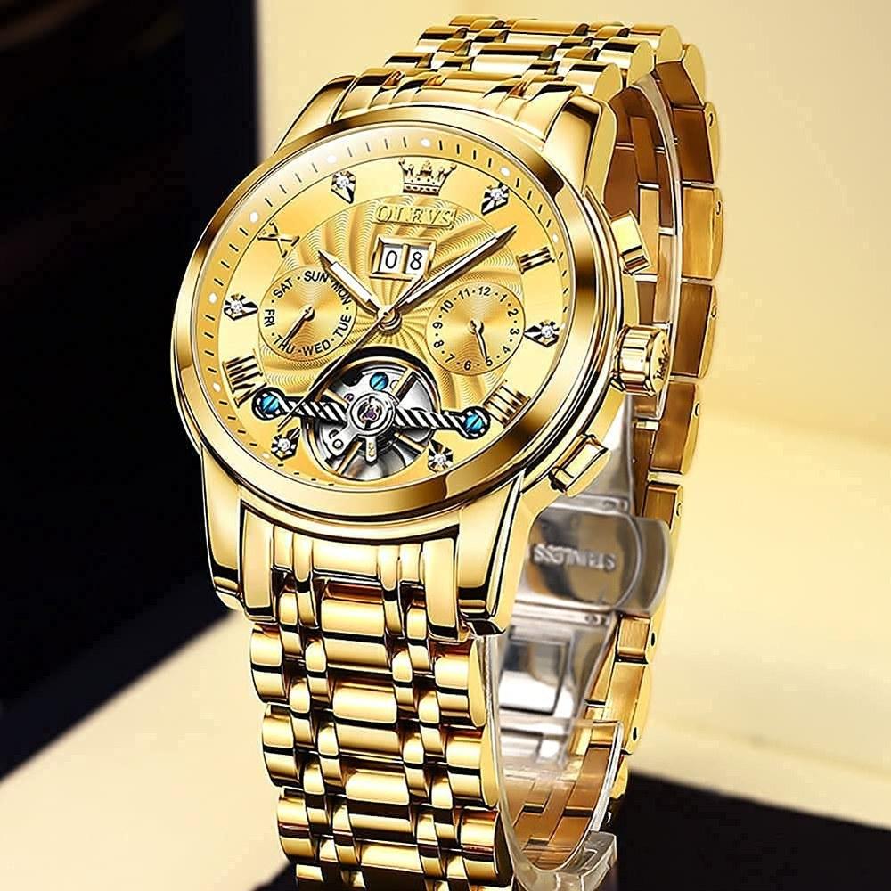 OLEVS Men's Automatic Skeleton Tourbillon Wristwatch Gold Night Glow Date Waterproof