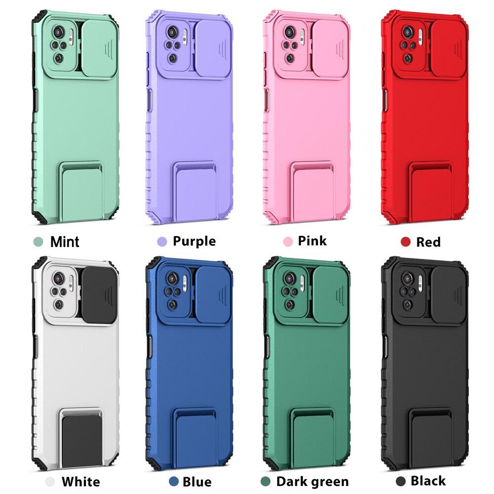 KEYSION Shockproof Case for Xiaomi POCO M5S Slide Camera Lens Protection Live Stand Phone Back Cover for Redmi Note 10S 10 Pro 4G