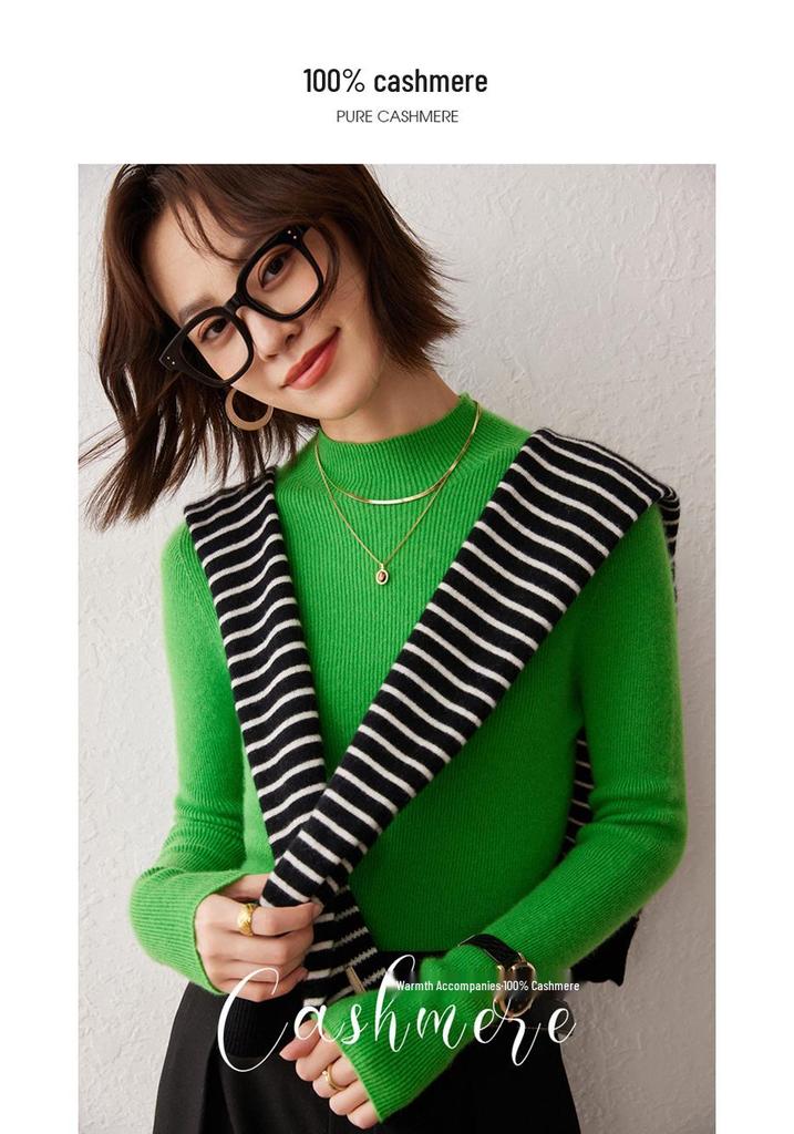 Women's Cashmere Striped High Neck Slim Fit Long Sleeve Top