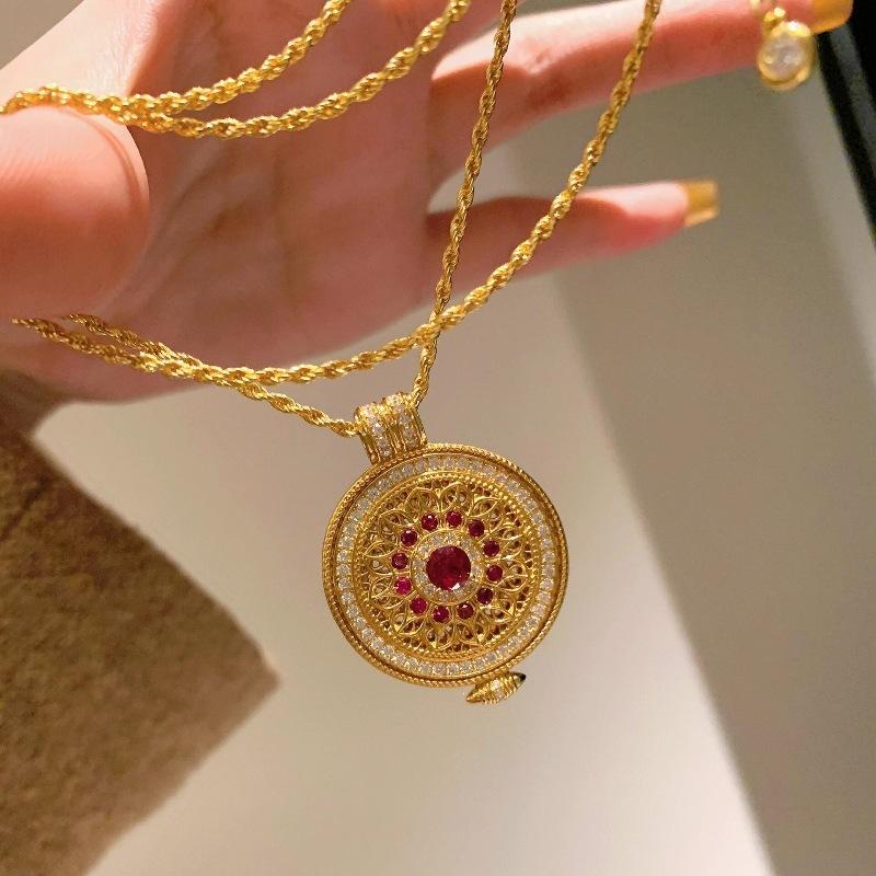 Retro Chinese Full Diamond Ruby Rose Compass Necklace National Style Two Colors Exquisite Versatile Temperament Collarbone Chain