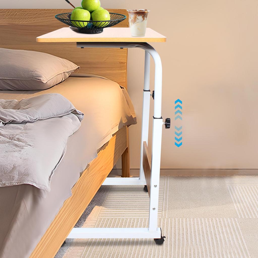 Height-Adjustable Mobile Laptop Desk – Rolling Computer Table with Lockable Wheels – White & Wood – 40 x 40 x 70-90 cm