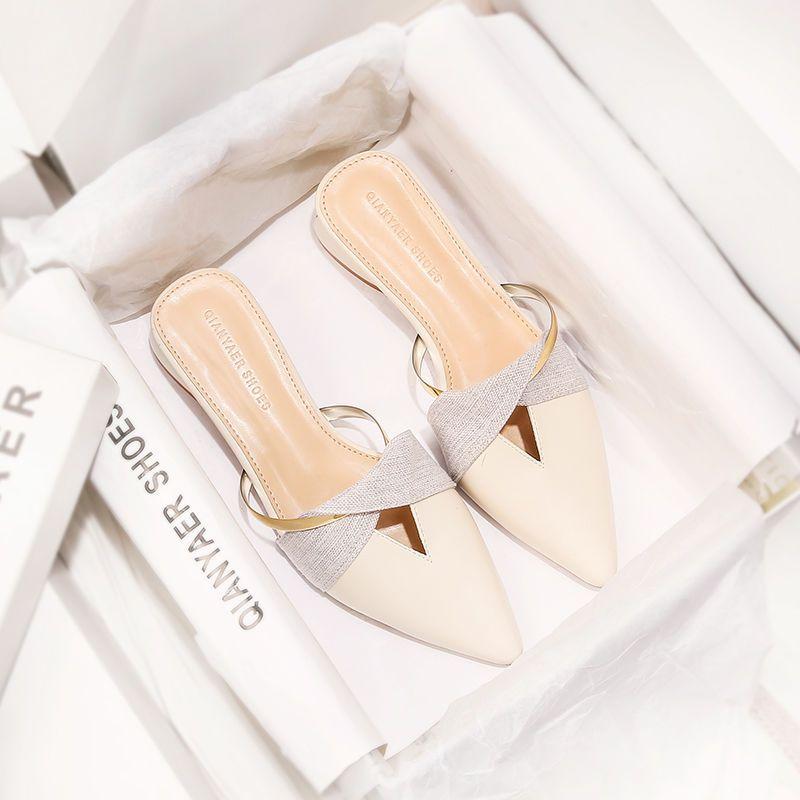 Shoes for Women Sexy Pointed Toe with Heel Sandals Beige Woman Mules Slippers Small Size Clappers Summer Footwear Eva Slides