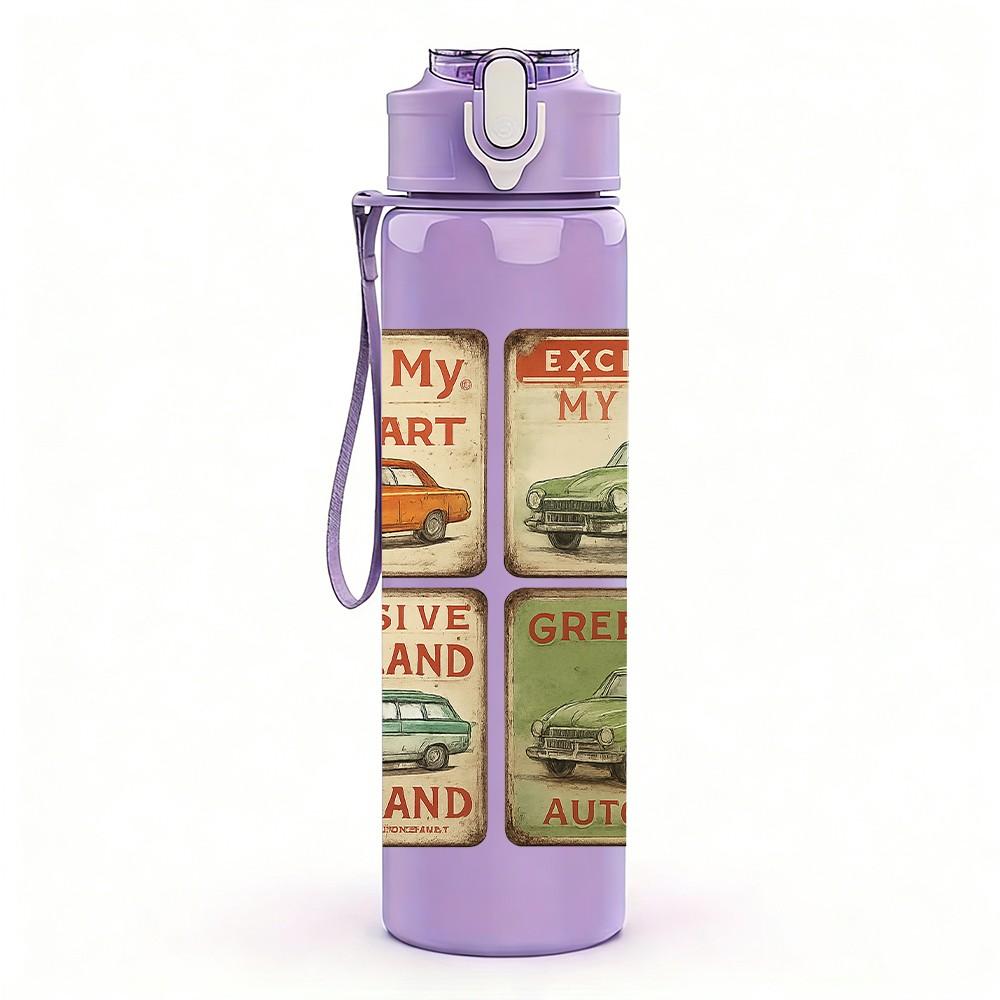 1PC Vintage Truck Sign Collage Print 750ml Color Plastic Sports Water Bottle Leakproof Flip Straw Lid For Sports Office Home Use