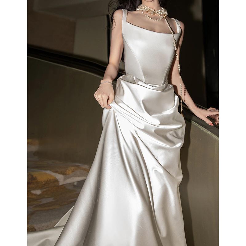 Light Wedding Dress Bride Simple Daily Satin Suspender Small White Dress Dress High-end Light Luxury Niche Host Dress