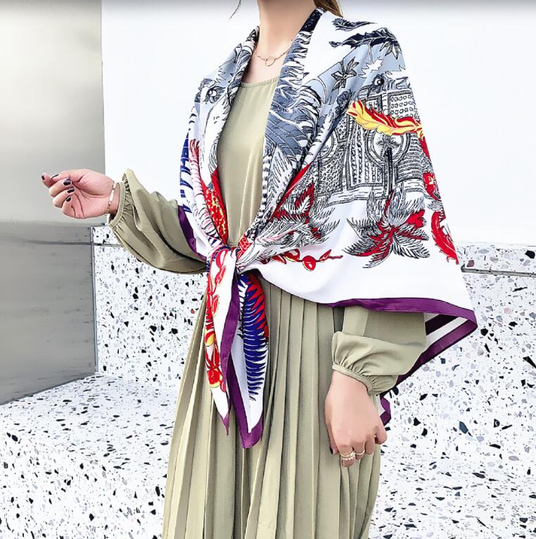 Women Twill Silk Shawl Large Square Scarf 130*130cm Phoenix Design Pashmina Oversize Scarves Lady Gifts