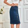 Women's one-piece front multi-button bodycon skirt, stretchy women's denim skirt