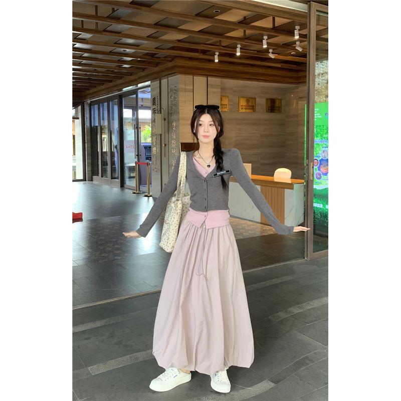 Kumikumi Design Temperament Fake Two Pieces Long Sleeve Knit Women Autumn High Waist Slimming Skirt Two-piece Set