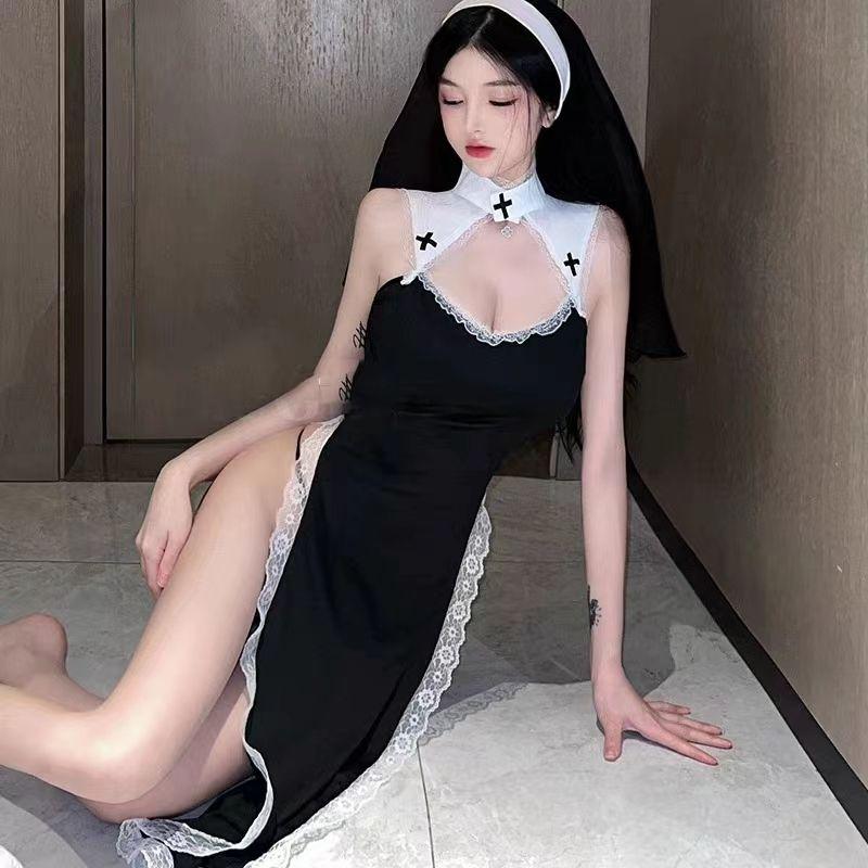 Schwester-Uniformen, Cosplay, sexy Versuchung, dünn, V-Ausschnitt, necken, erotisches Kostüm, Tanga, dreiteiliges Set