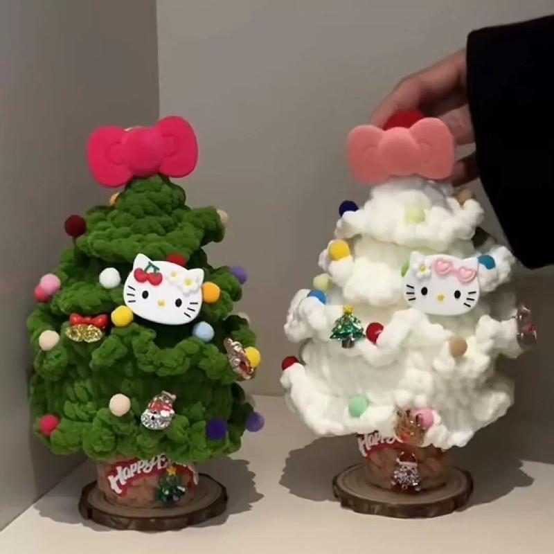 Hello Kitty Christmas Tree Handmade Knitted Ornament With Butterfly Bow For Holiday Decor
