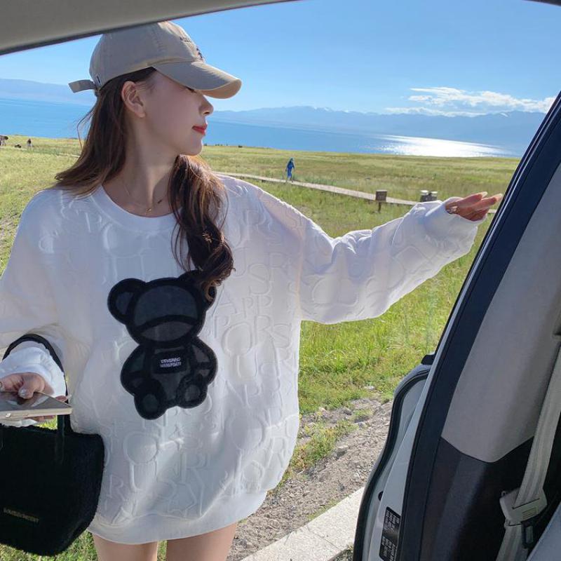Mulheres coreano urso suéter versátil fundo pullovers desenho animado tops streetwear solto moletom roupas