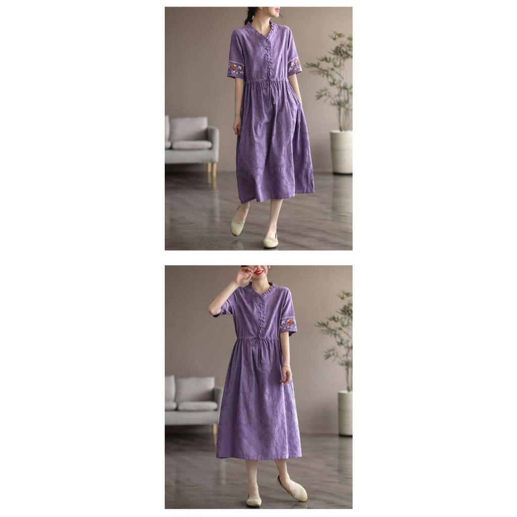 2025 Summer Washed Cotton Dress - Embroidered Midi Dress with Drawstring, Slim Fit Short Sleeve Linen Blend Dress, Boho Chic Casual Women's Outfit