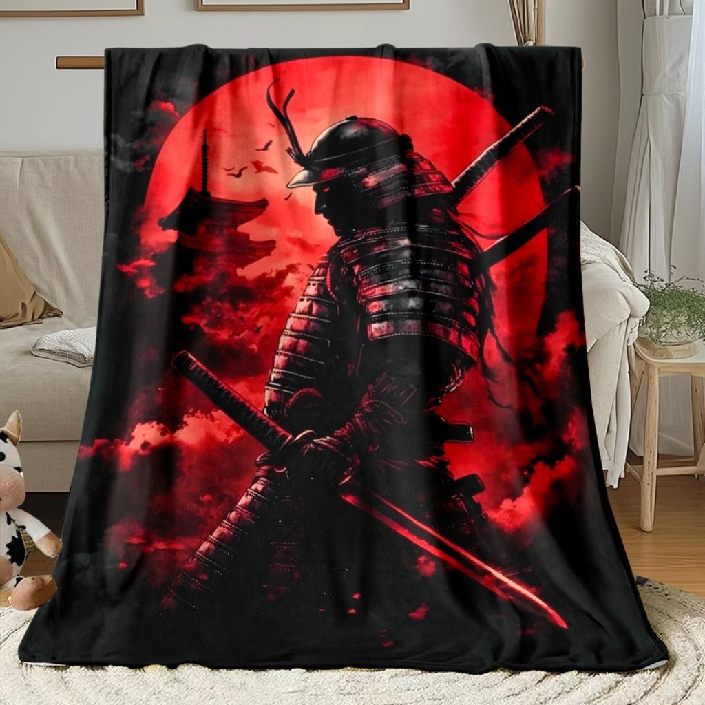 1pc Samurai Warrior Red Moon Fleece Blanket Flannel Throw Japanese Anime Art Bed Cover Ninja Sword Warrior Decor Gift