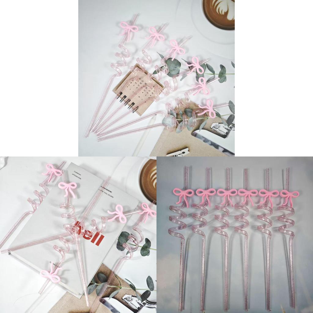 Reusable Pink Butterfly Bow Drinking Straw With Spiral Design For Kids And Party Use