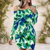 Women Plus Size One Shoulder Long Sleeve Green Blue Printed Bodycon Mini Dress