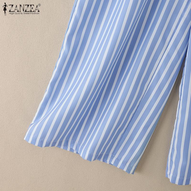 ZANZEA Women Short Sleeve Blouse and Pants Summer Stripe Print Two Piece Sets