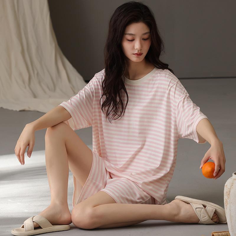 Black and white striped cool pajamas women's summer thin modal short-sleeved shorts casual wear loungewear suit