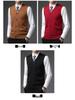 Men's Red Wool Vest: Collarless, Single-Breasted, Solid Color, Fitted Casual Wear for Autumn and Winter.