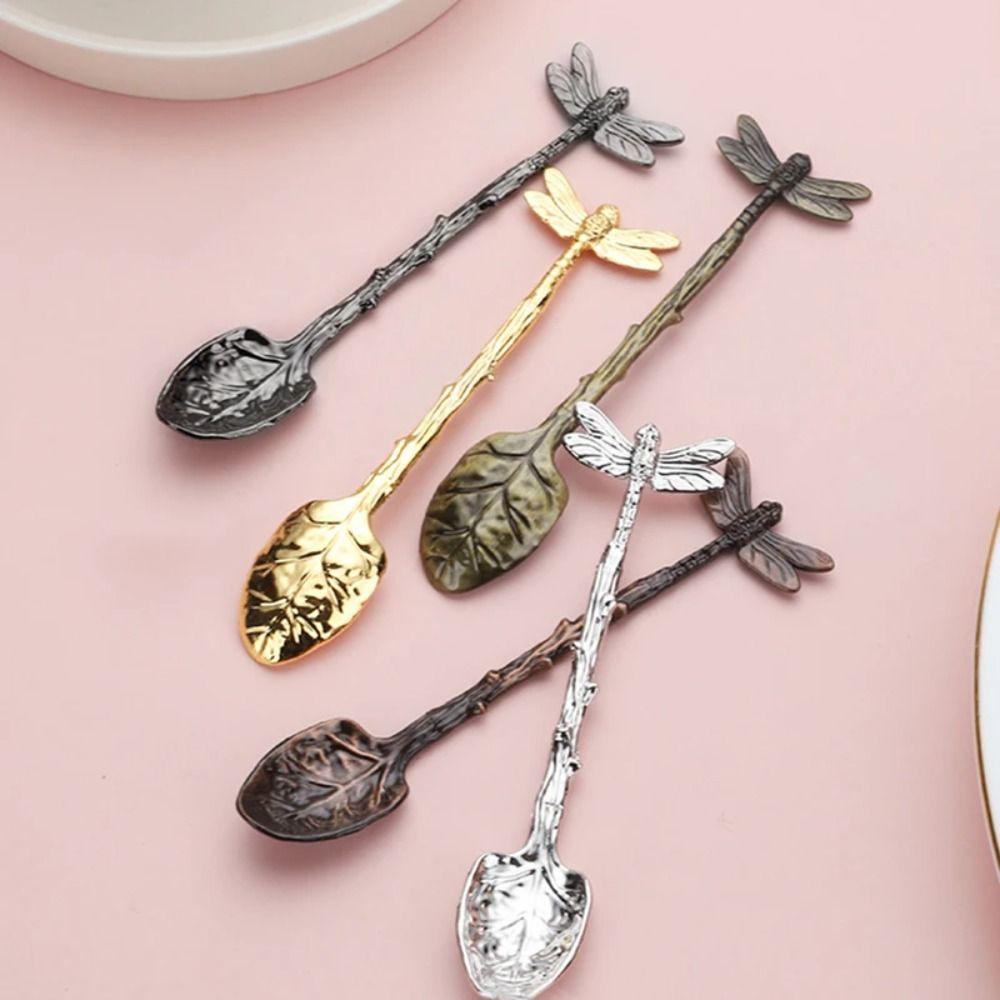 Stirring Spoon Twig Design Dragonfly Coffee Spoon Vintage Zinc Alloy Dessert Spoon Smooth Edges Teaspoon Pudding