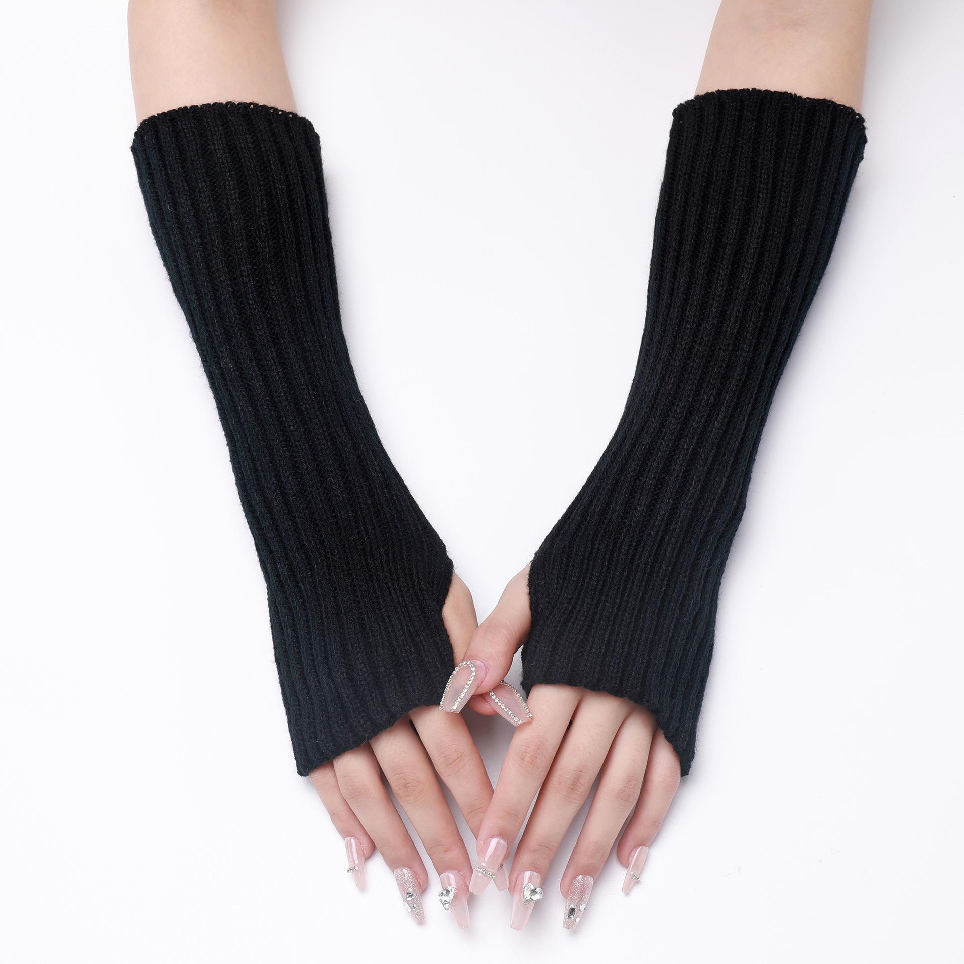 

Striped Fingerless Wool Gloves: Medium-Long Warm Knit Sleeves for Men & Women чёрный