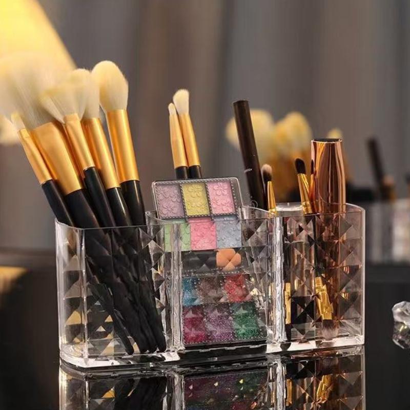 Transparent Acrylic Cosmetic Organizer - 3-Tier Makeup Brush & Lipstick Storage Box with No Lid for Bathroom & Makeup Desk