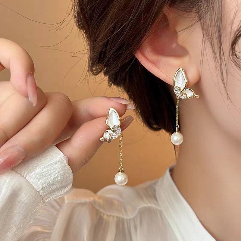 Spring Butterfly Wing Pearl Tassel Earrings - Sweet, Elegant Fashion for Women