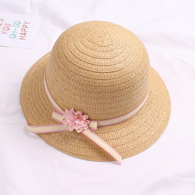 Sun Straw Hat Kids Girls Large Wide Brim Travel Beach Cap Sweet Flower Bowknot Sun for Protection Hat with Shoul