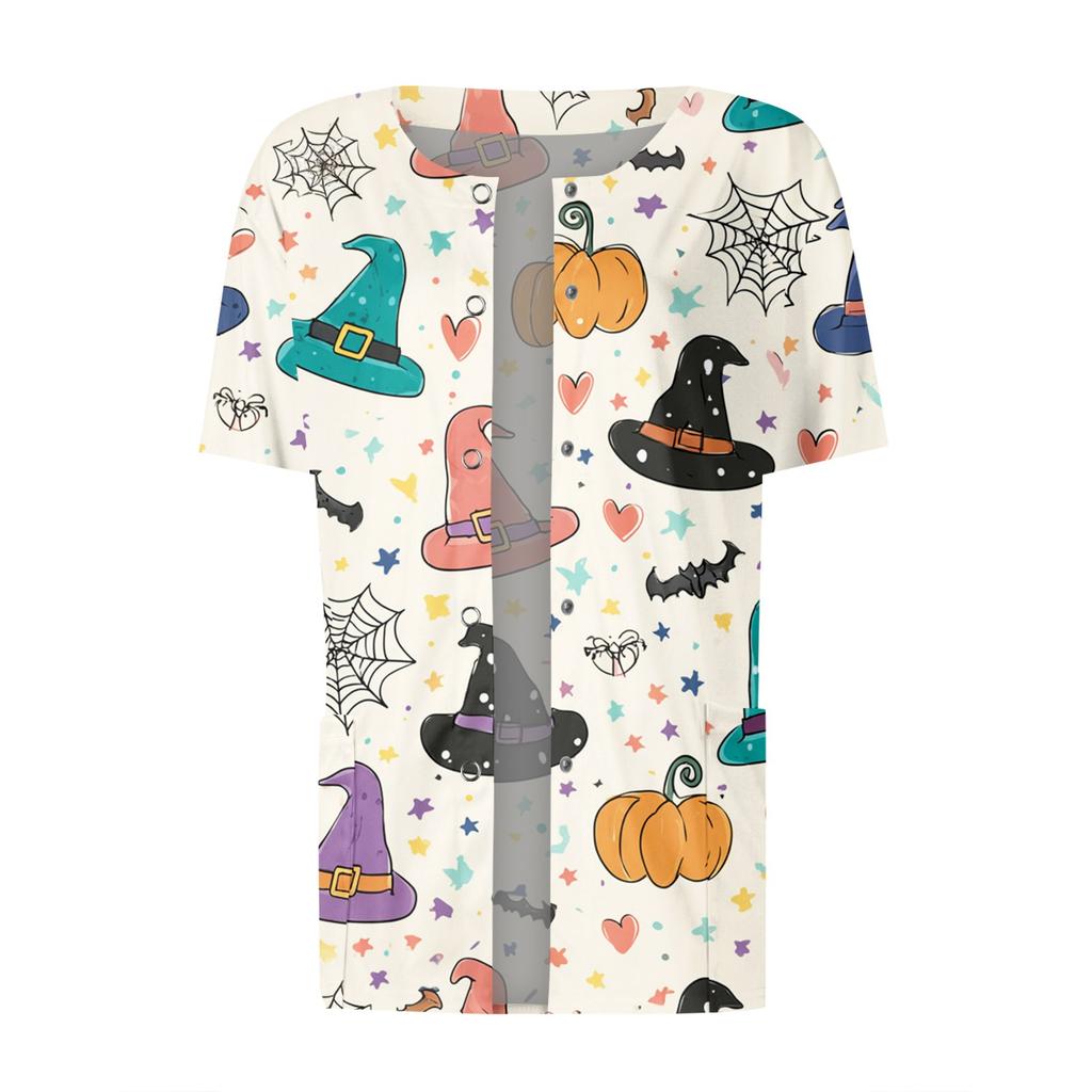 Women's Short Sleeved Patterned Pockets, Work Print Stand Up Collar, Single Breasted Protective Clothing, Cardigan Jacket, Top