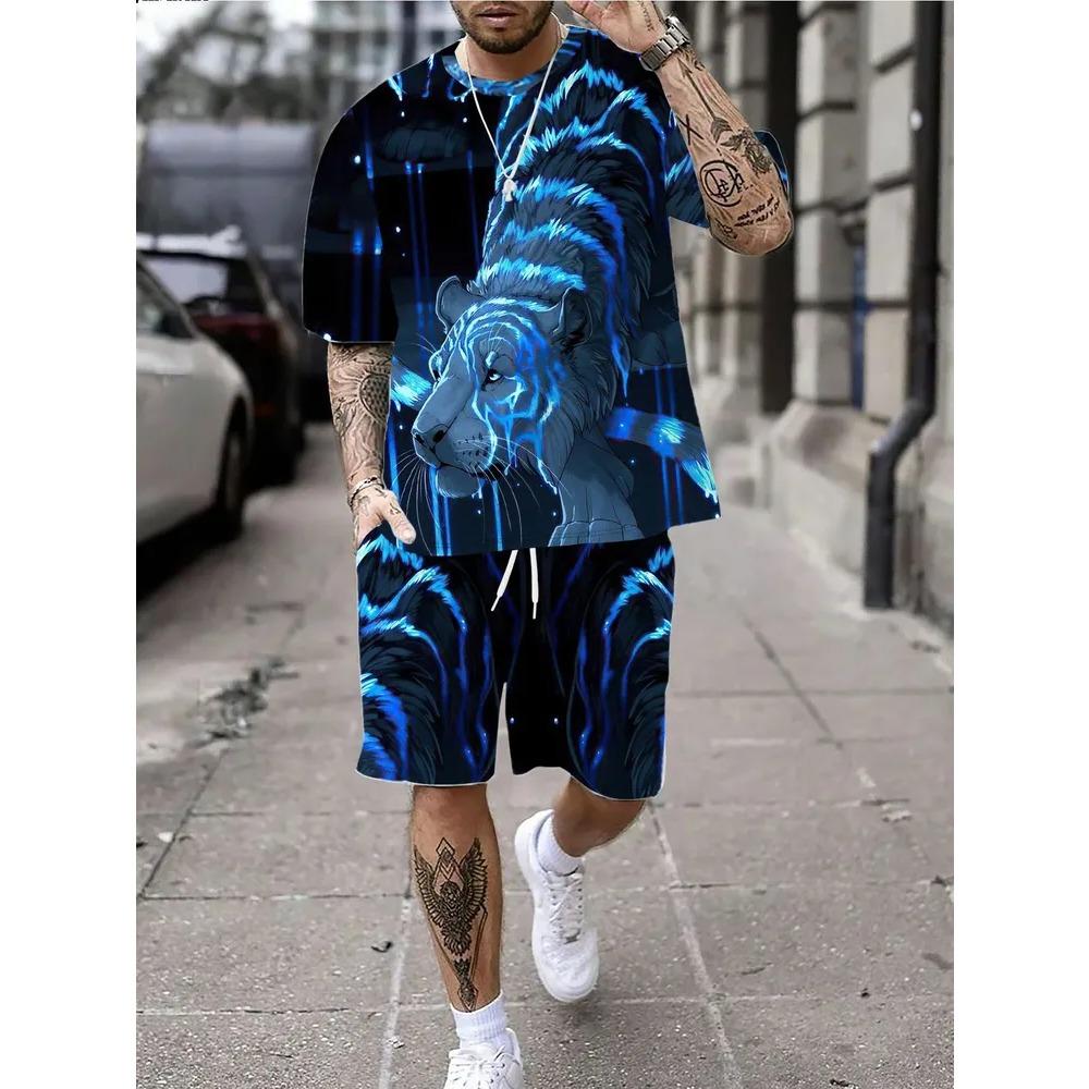 Summer Men's Fun Colorful Creativity 3D Printing Casual Sports Round Neck Short Sleeved Set Fashionable Comfortable Breathable Large Size Sports Wear
