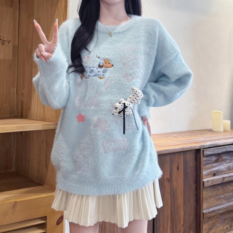 Plus Size Women's Bowknot Mohair Knit Sweater: Autumn/Winter Slimming Mink Velvet