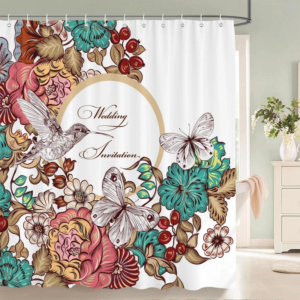 Plants and Floral Shower Curtain, Texture Fabric Bathroom Decor Watercolor Flowers and Plants Shower Curtians with Hooks