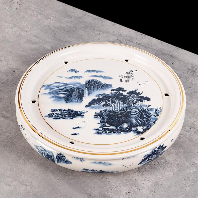 14-inch Ceramic Round Tea Tray for Gongfu Tea, with Double-Layer Water Storage