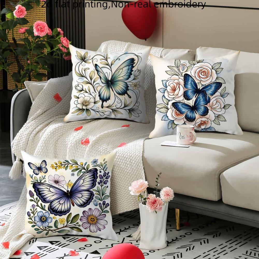 4Pcs Double-Sided Printed Throw Pillow Covers, Blue Butterfly With Rose Daisy Print Cushion Cases, Botanical Home Decor