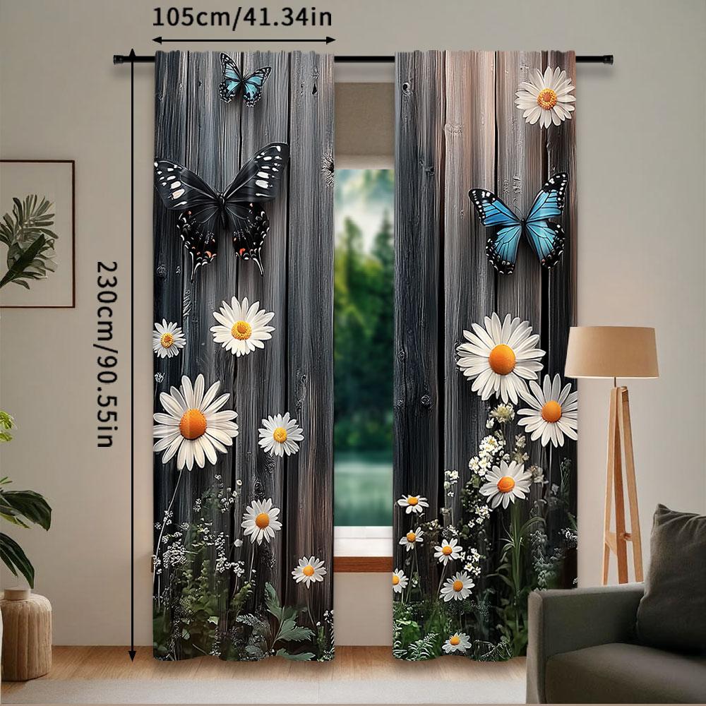 Set Of 2 Modern Floral Butterfly Wooden Board Pattern Curtains Suitable Bedroom Bathroom Living Room Dining Study Curtain For Sitting Made Polyester