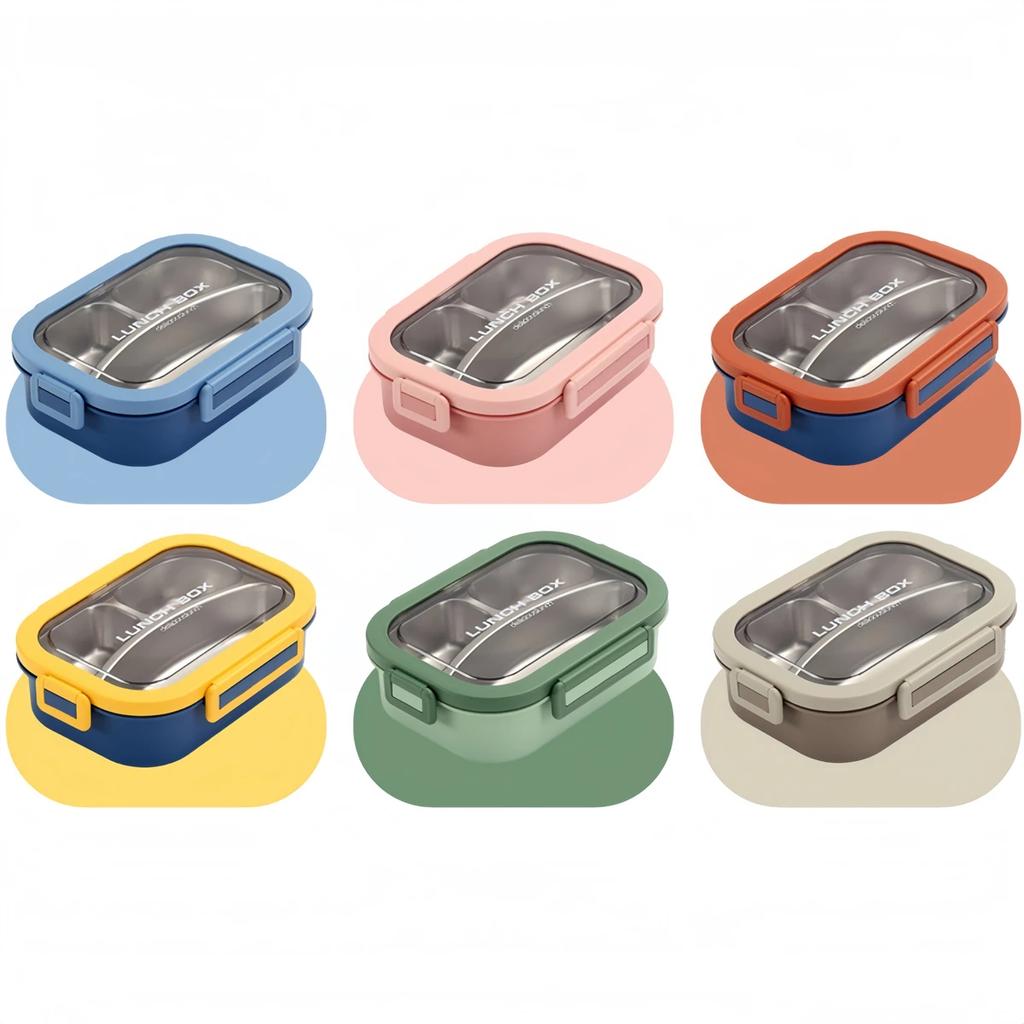 Edelstahl Lunchbox 3 Fächer Lunchbehälter mit auslaufsicheren Deckeln 23,7x17,3x6,6cm Blau,Gelb,Orange,Braun,Rosa,Grün
