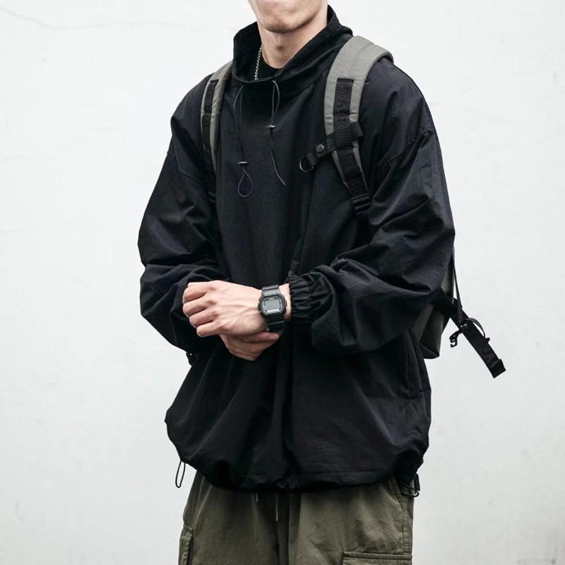 

Мужская японская ретро выстиранная куртка-пуловер в стиле рабочей одежды с капюшоном - Весна/Осень, трендовая свободная посадка XL чёрный