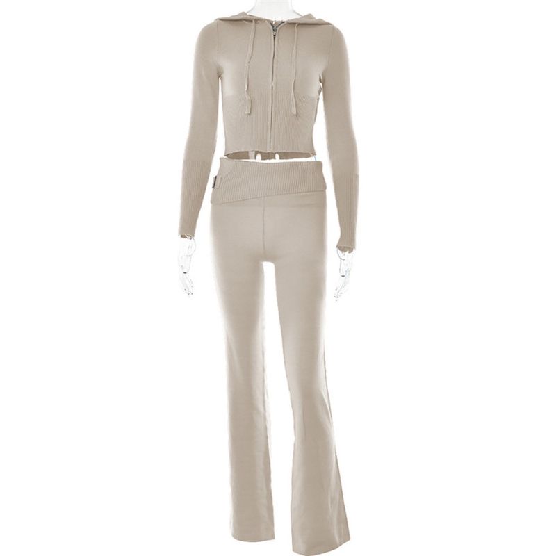 

Suit European and American New Knitted Hood Set Women clothes Fashion Sexy High Waist Woolen Long sleeve Trousers Two-piece Set Apricot Suit L