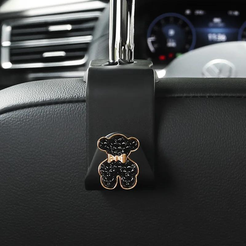 Cute Car Seat Back Hooks Diamond Camellia Flowers Decor Cartoon Bears Car Interior Storage Hook Handbag Hanging Holder Hook