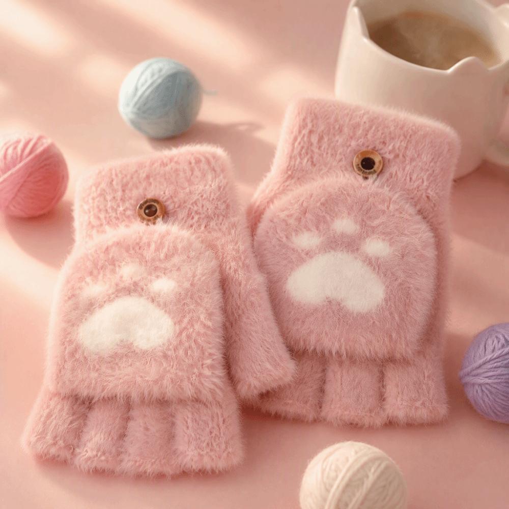 Thicken Cat Paw Gloves Soft Warm Plush Mittens Cartoon Style Half Finger Gloves Adults